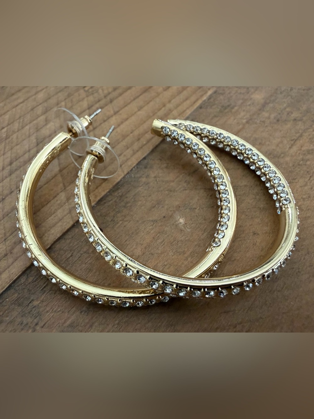 JOAN BOYCE HSN INSIDE OUT PAVE CRYSTAL HOOP EARRINGS GOLD TONE 1.75”
